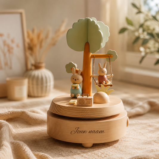 Houten Muziekdoos met Naam — Draaiend Konijn Cadeau