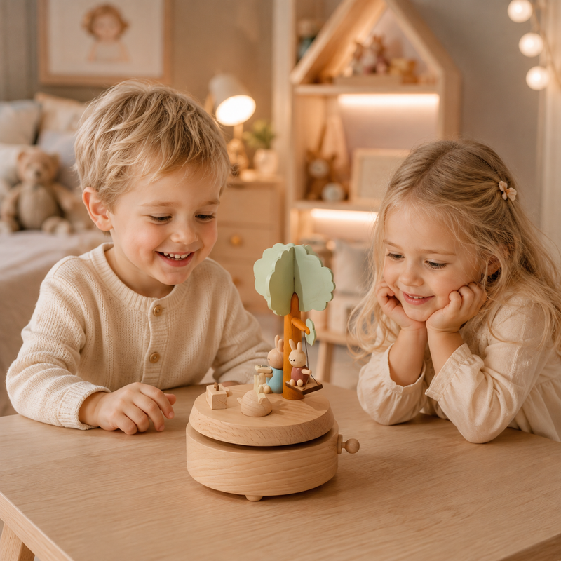 Houten Muziekdoos met Naam — Draaiend Konijn Cadeau