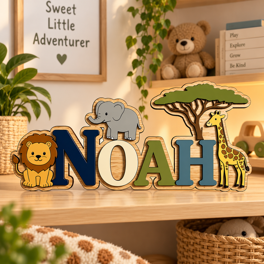 JungleName houten naambord met de naam Noah in veelkleurige letters, met leeuw, olifant en giraf op een plank in de kinderkamer
