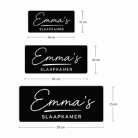 Formaten-vergelijking neon naamlamp 30×15 cm, 40×20 cm en 50×25 cm met voorbeeldtekst Emma’s Slaapkamer