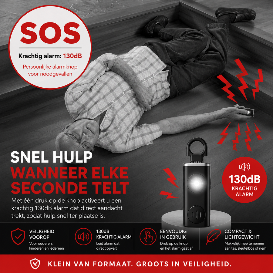 SafeSound Pro – Persoonlijk Alarm 130 dB met LED-zaklamp | Sleutelhanger