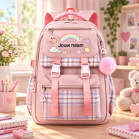 Roze RainbowPack gepersonaliseerde schoolrugzak met naam op regenboogpatch en geruite klep