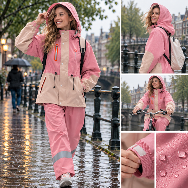 Vrouw in roze RainShield regenpak in de stad