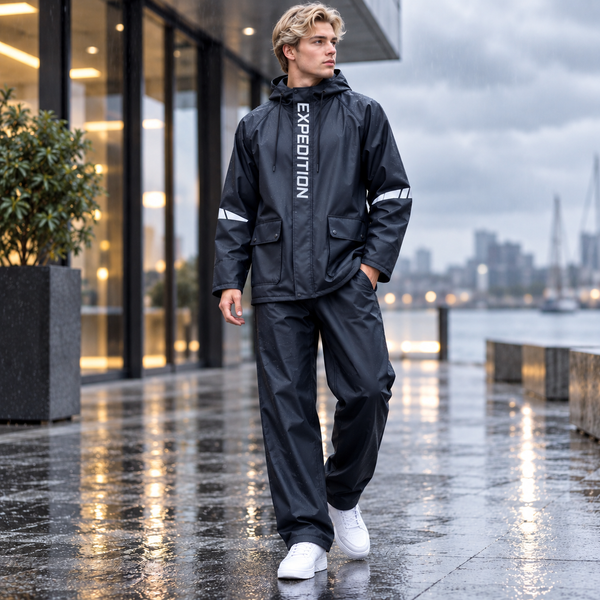 Man in het zwarte RainFlow regenpak met jas en broek op een natte kade