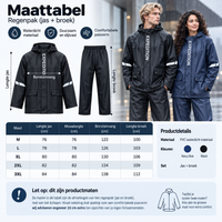 Maattabel RainFlow regenpak: lengte jas, mouwlengte, borstomvang en lengte broek per maat M tot 3XL