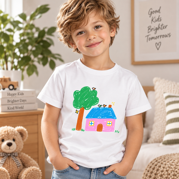 Kind draagt een DoodleShirt in de kleur Wit met de tekening van een kind