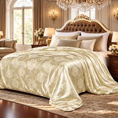 SilkDream quilt in champagne satijn-jacquard als luxe sprei over het bed