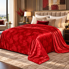 SilkDream quilt in rood satijn-jacquard met bloemenpatroon over een 2-persoonsbed
