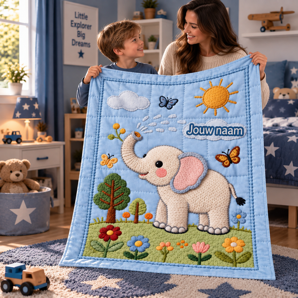 ElliName – Gepersonaliseerde Olifant Deken & Speeldeken met Naam | Voor Baby, Peuter, Kind & Tiener – Blauw
