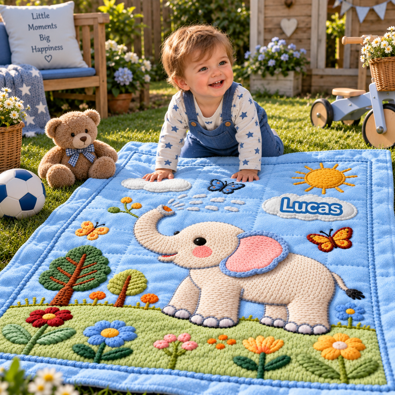 ElliName – Gepersonaliseerde Olifant Deken & Speeldeken met Naam | Voor Baby, Peuter, Kind & Tiener detail
