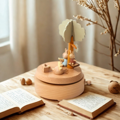 Houten Muziekdoos met Naam — Draaiend Konijn Cadeau