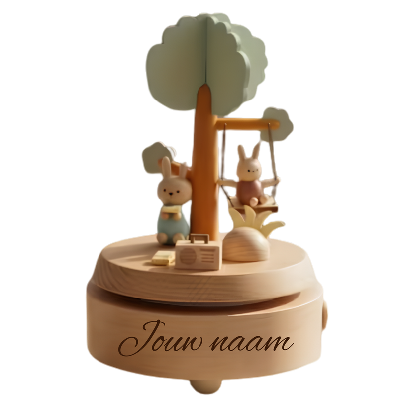 Houten Muziekdoos met Naam — Draaiend Konijn Cadeau