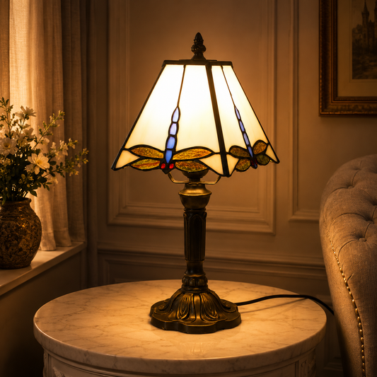 Tiffany Tafellamp Libelle – Handgemaakte Glas-in-Lood Sfeerlamp | Vintage Bureaulamp