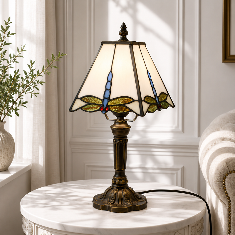 Tiffany Tafellamp Libelle – Handgemaakte Glas-in-Lood Sfeerlamp | Vintage Bureaulamp detail