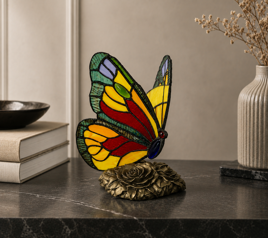 Tiffany vlinderlamp van glas-in-lood op bronskleurige rozenvoet, ca. 20 cm hoog